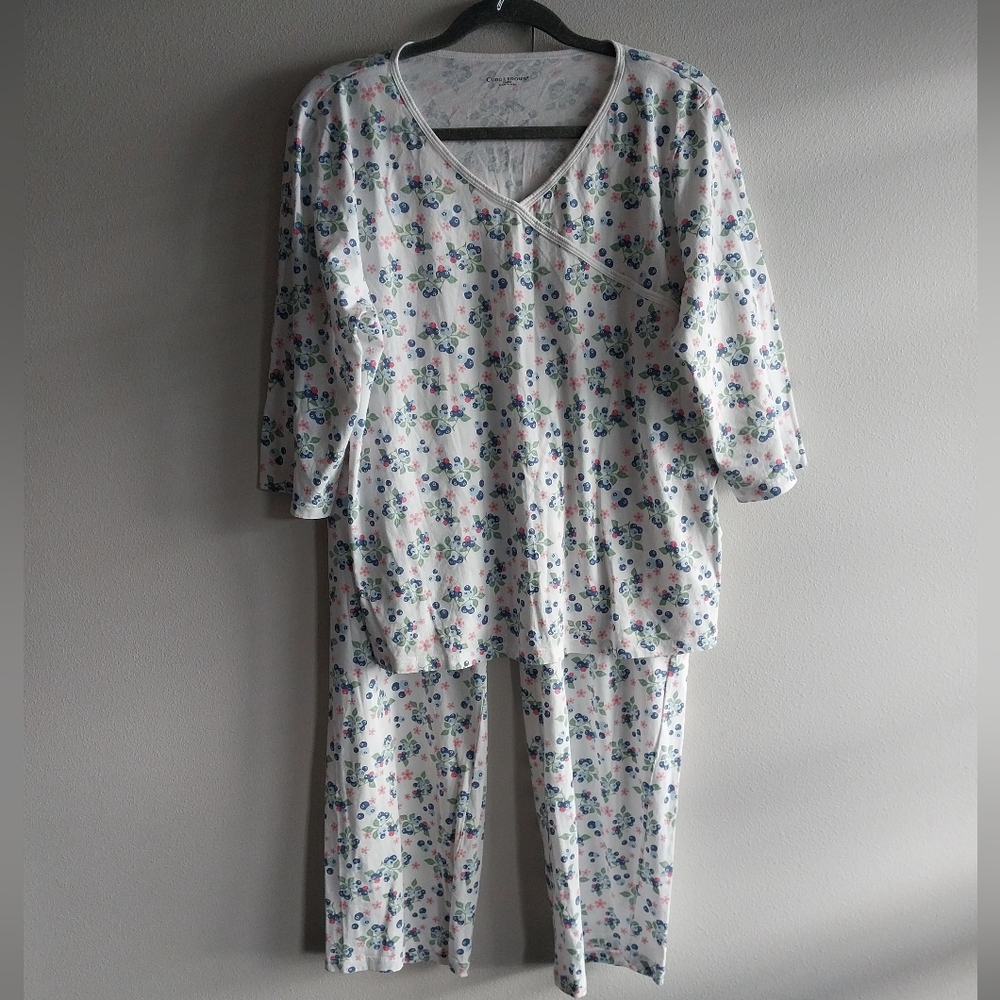Cuddledown White & Blue Blueberry Print Pima Cotton Pajama Set NWOT